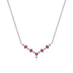 14K White Gold Diamond and Ruby Curved Bar Necklace