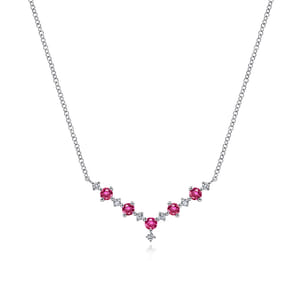 14K White Gold Diamond and Ruby Curved Bar Necklace