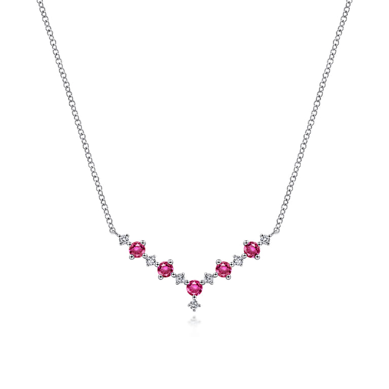 14K White Gold Diamond and Ruby Curved Bar Necklace - 0.1 ct - Shot 1