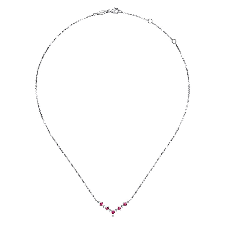 14K White Gold Diamond and Ruby Curved Bar Necklace