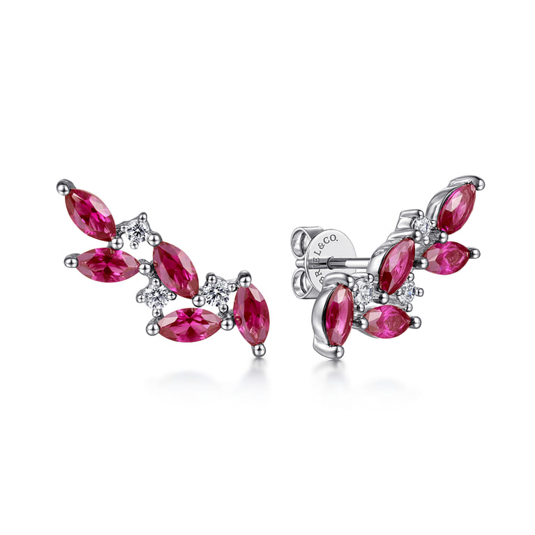 14K White Gold Diamond and Ruby Ear Climber Stud Earrings - 0.18 ct - Shot 1