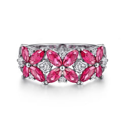 14K White Gold Diamond and Ruby Floral Wide Band Ring