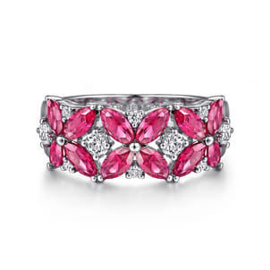 14K White Gold Diamond and Ruby Floral Wide Band Ring