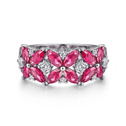 14K White Gold Diamond and Ruby Floral Wide Band Ring