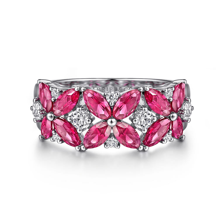 14K White Gold Diamond and Ruby Floral Wide Band Ring - 0.35 ct - Shot 1