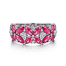 14K White Gold Diamond and Ruby Floral Wide Band Ring - 0.35 ct