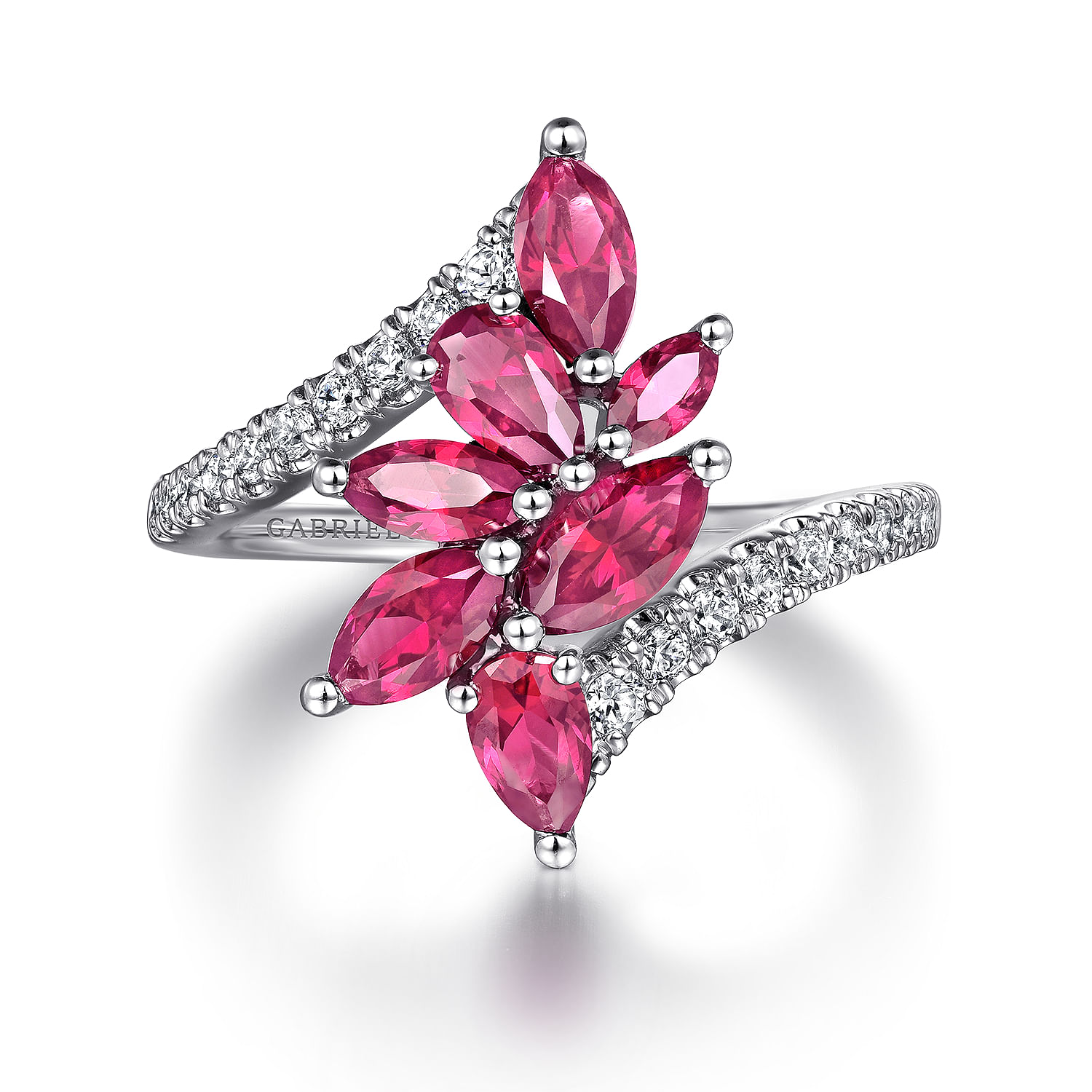 14K White Gold Diamond and Ruby Marquise Bypass Ring