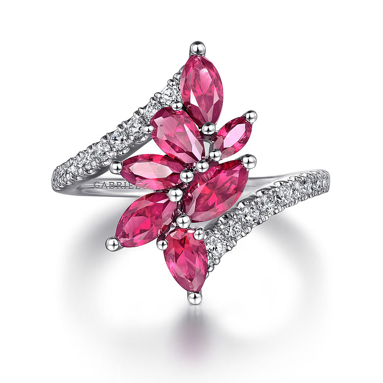 14K White Gold Diamond and Ruby Marquise Bypass Ring