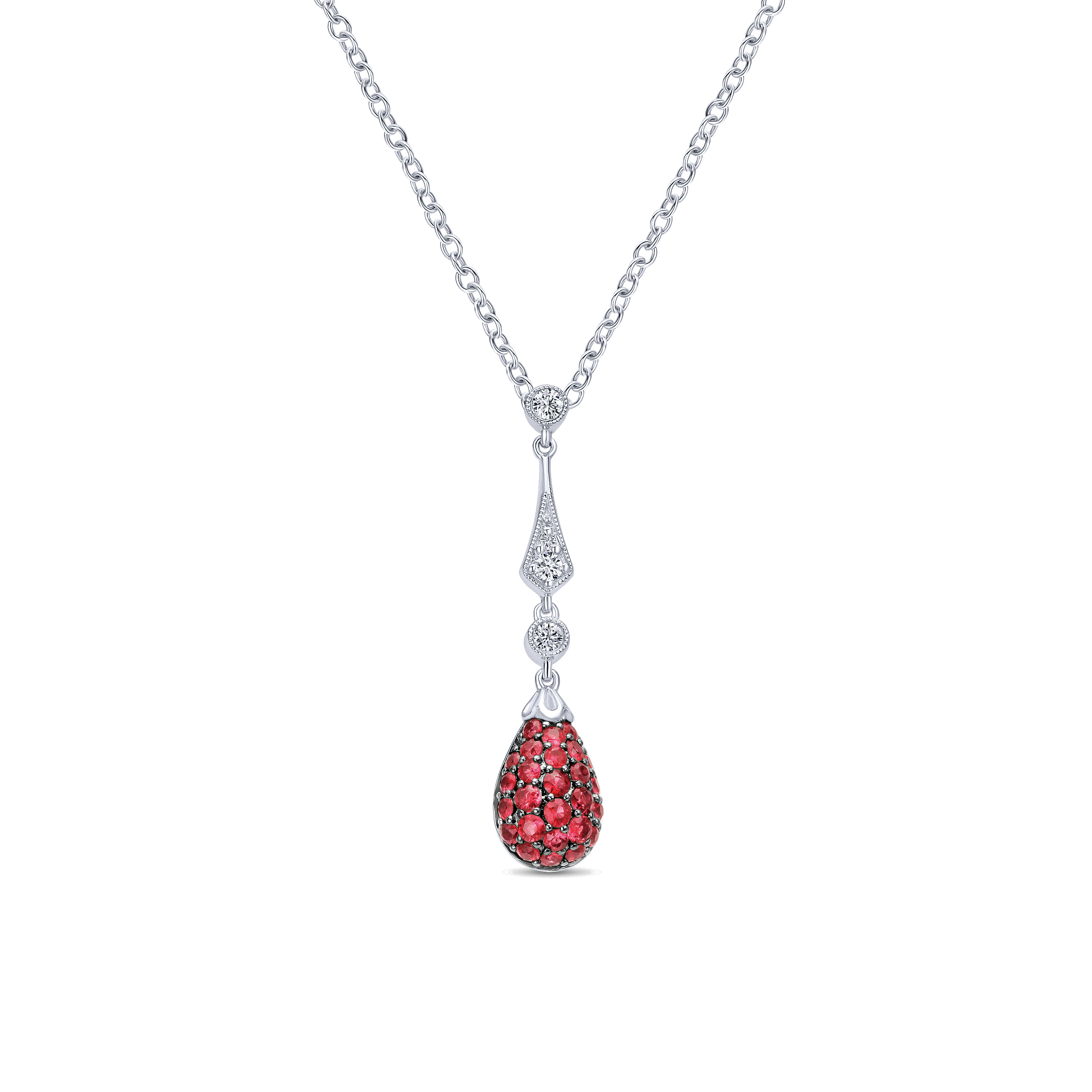 14K White Gold Diamond and Ruby Pave Pendulum Teardrop