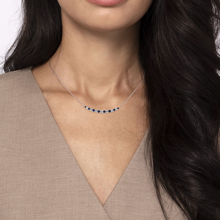 14K White Gold Diamond and Sapphire Bar Necklace