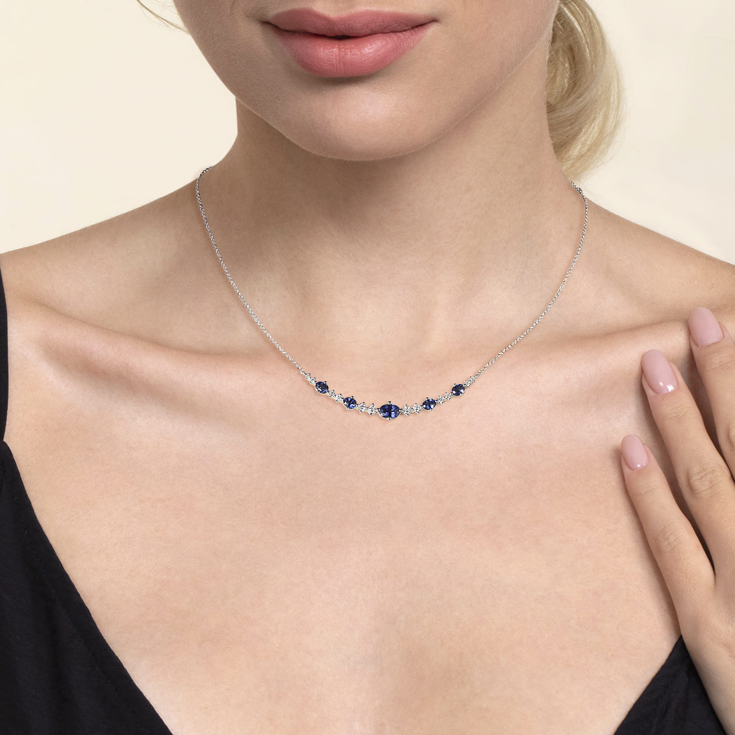 14K White Gold Diamond and Sapphire Bar Necklace