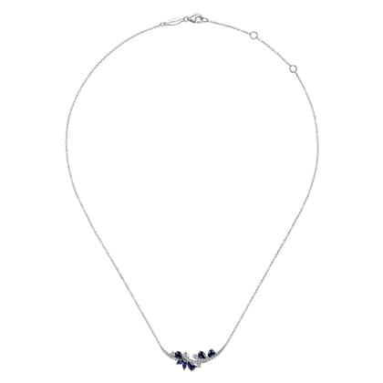 14K White Gold Diamond and Sapphire Curved Bar Necklace