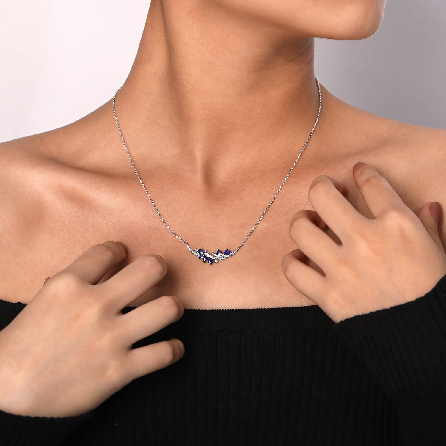 14K White Gold Diamond and Sapphire Curved Bar Necklace - 0.23 ct - Shot 3