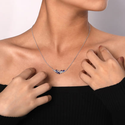 14K White Gold Diamond and Sapphire Curved Bar Necklace