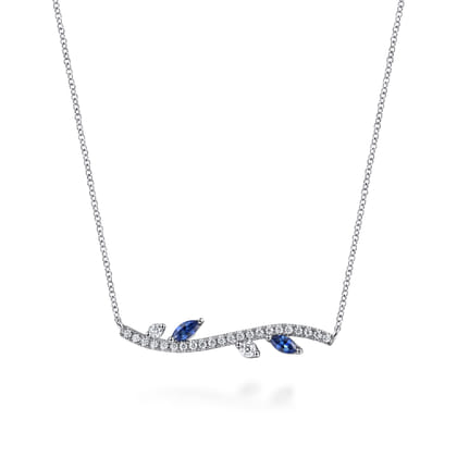 14K White Gold Diamond and Sapphire Floral Bar Necklace