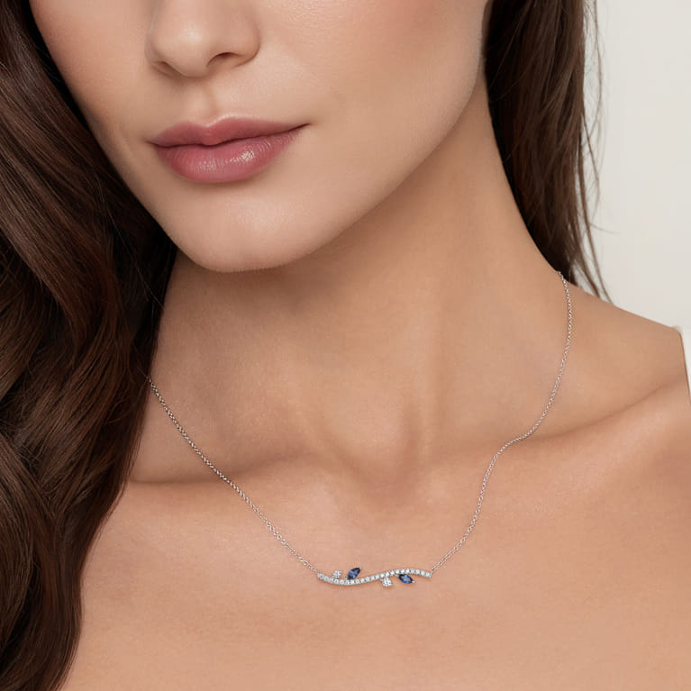 14K White Gold Diamond and Sapphire Floral Bar Necklace - 0.3 ct - Shot 3