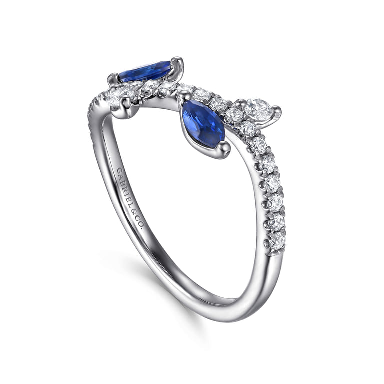 14K White Gold Diamond and Sapphire Floral Twisted Ring - 0.3 ct - Shot 3