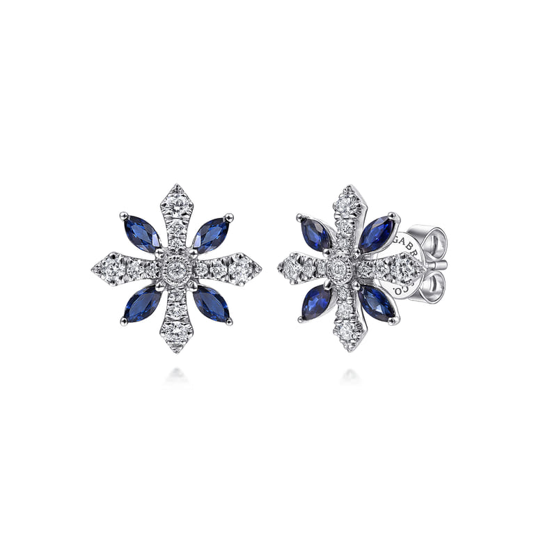 14K White Gold Diamond and Sapphire Flower Stud Earrings - 0.3 ct - Shot 1