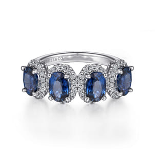 14K White Gold Diamond and Sapphire Oval Halo Ring