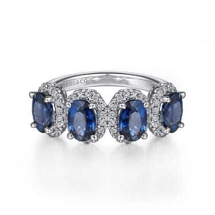 14K White Gold Diamond and Sapphire Oval Halo Ring