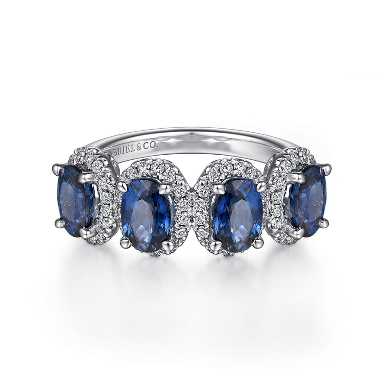 14K White Gold Diamond and Sapphire Oval Halo Ring - 0.3 ct - Shot 1