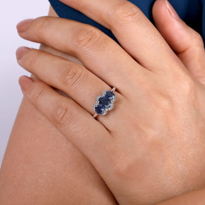 14K White Gold Diamond and Sapphire Oval Halo Ring