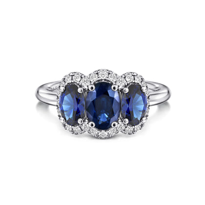 14K White Gold Diamond and Sapphire Oval Halo Ring