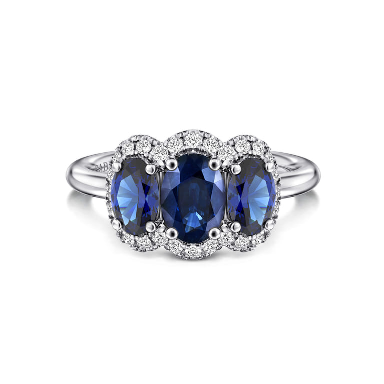 14K White Gold Diamond and Sapphire Oval Halo Ring - 0.21 ct - Shot 1