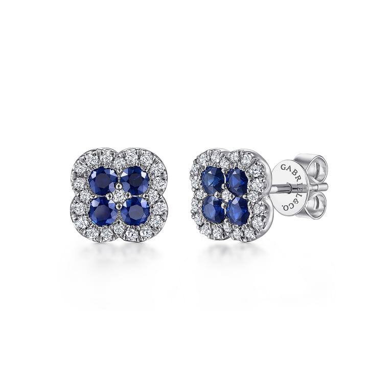14K White Gold Diamond and Sapphire Stud Earrings - 0.25 ct - Shot 1