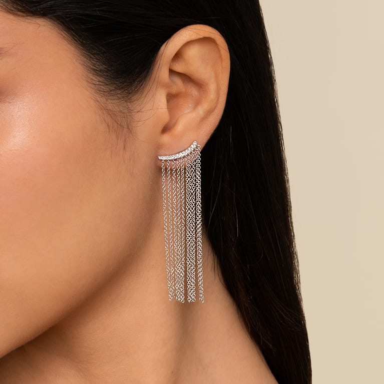 14K White Gold Diamond and Tassel Stud Earrings - 0.22 ct - Shot 2