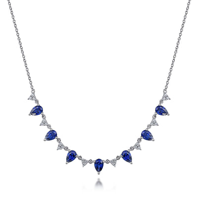 14K White Gold Diamond and Teardrop Blue Sapphire Station Necklace