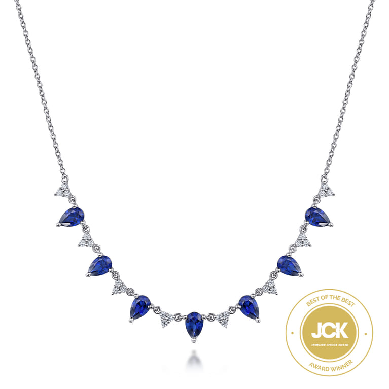 14K White Gold Diamond and Teardrop Blue Sapphire Station Necklace - 0.35 ct - Shot 1