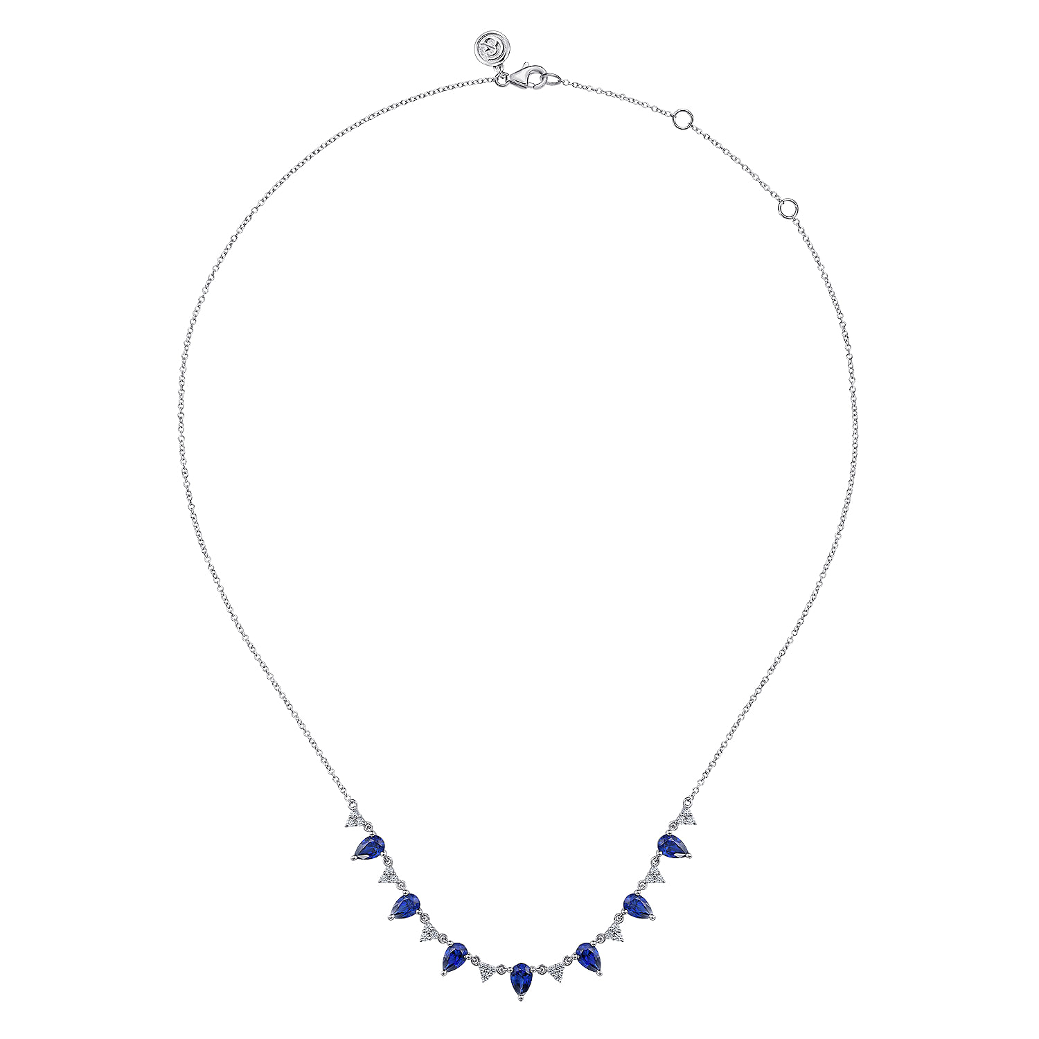 14K White Gold Diamond and Teardrop Blue Sapphire Station Necklace