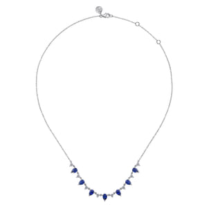14K White Gold Diamond and Teardrop Blue Sapphire Station Necklace