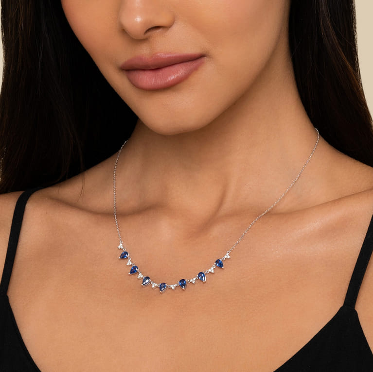 14K White Gold Diamond and Teardrop Blue Sapphire Station Necklace - 0.35 ct - Shot 3