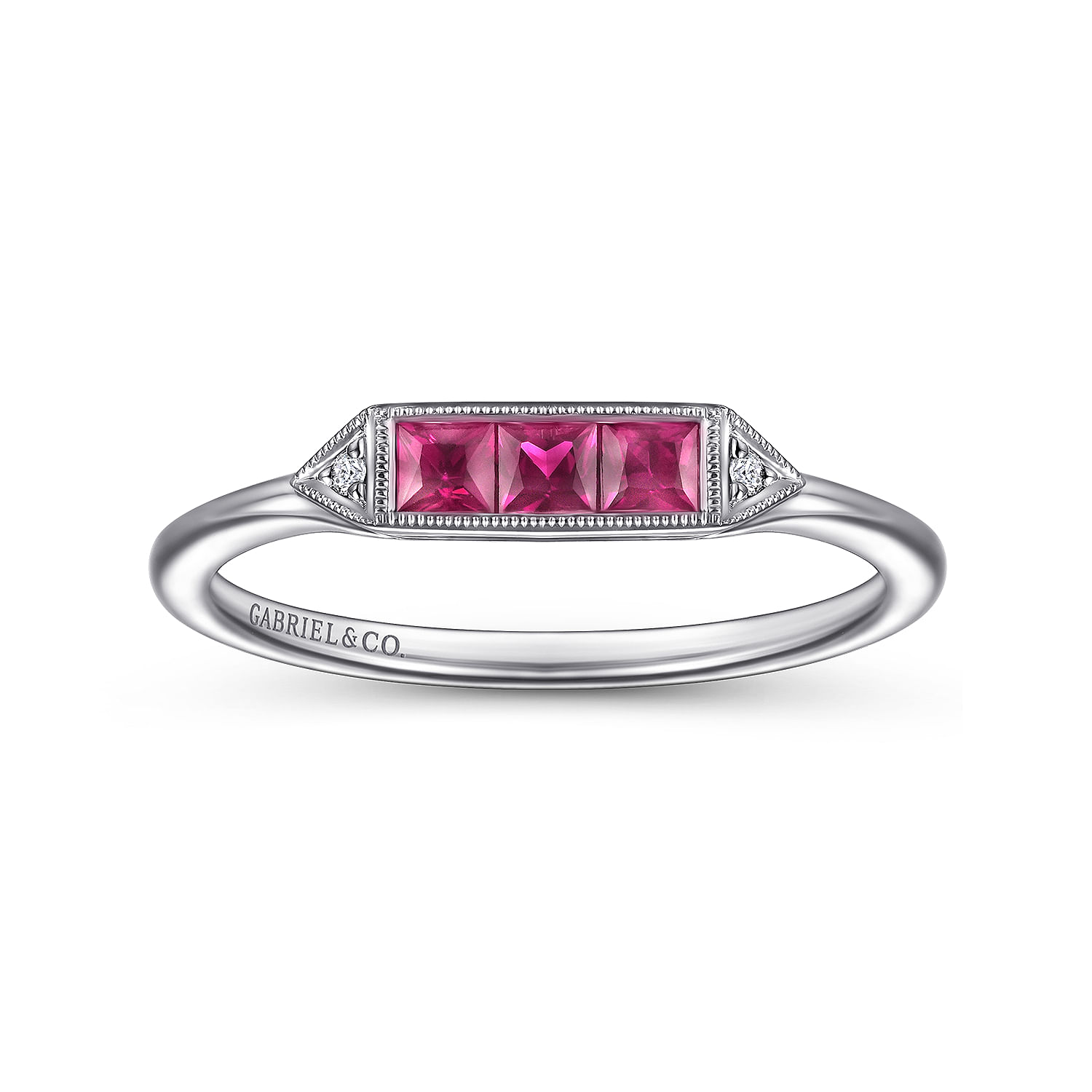 14K White Gold Diamond and Trio Princess Cut Ruby Ladies Ring