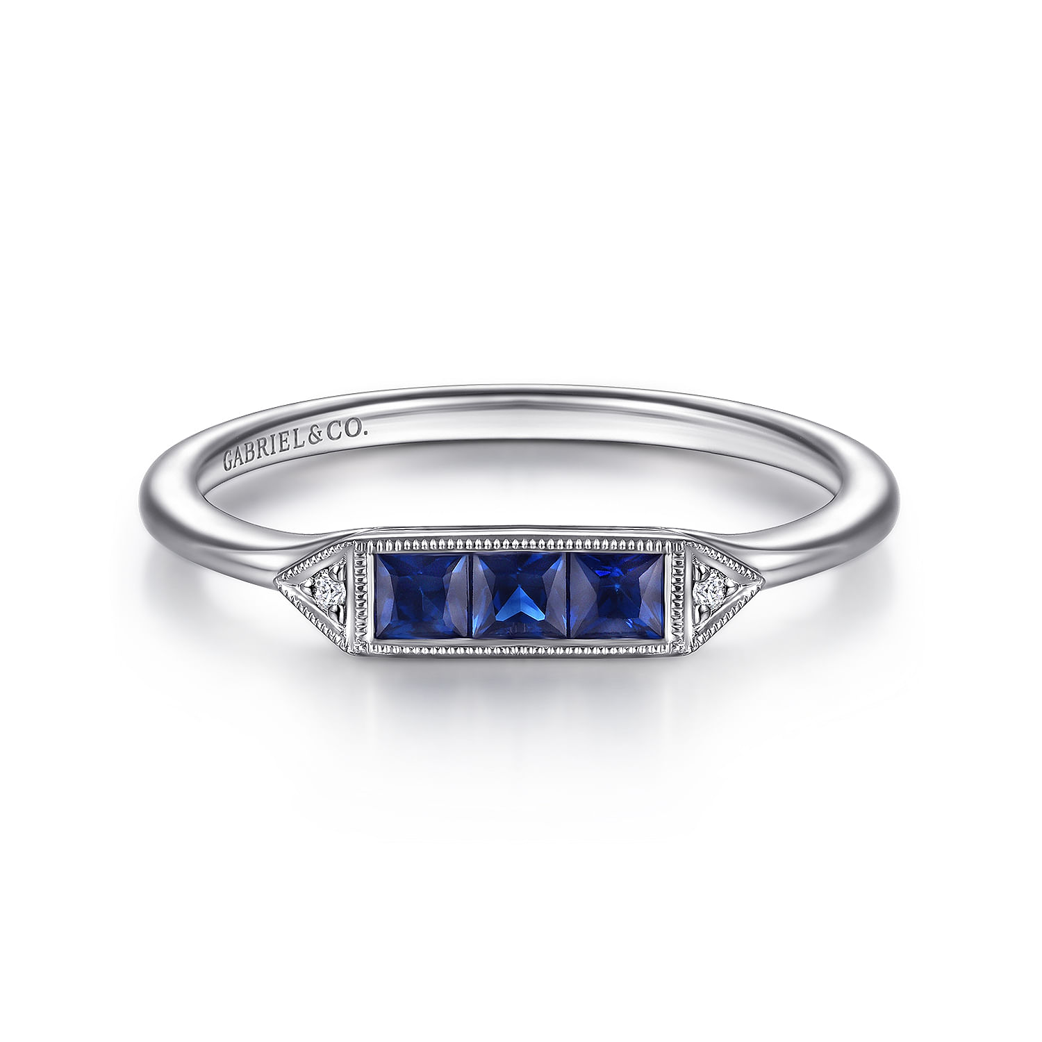14K White Gold Diamond and Trio Princess Cut Sapphire Ladies Ring