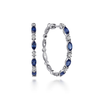 14K White Gold Diamonds and Marquise Blue Sapphire Classic Hoop Earrings