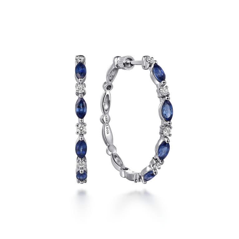 14K White Gold Diamonds and Marquise Blue Sapphire Classic Hoop Earrings - 0.35 ct - Shot 1