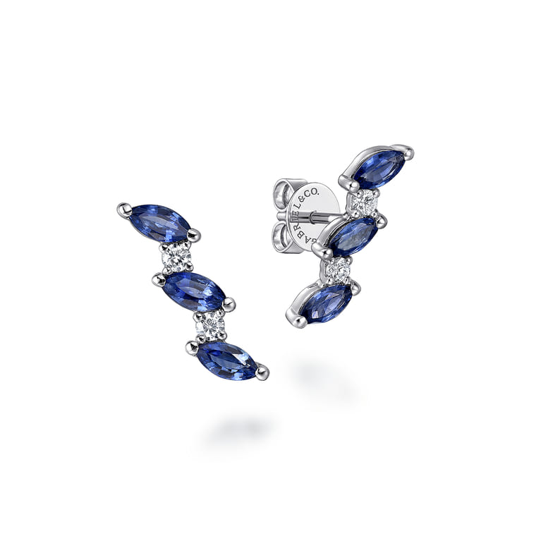 14K White Gold Diamonds and Marquise Blue Sapphire Ear Climber Stud Earrings - 0.14 ct - Shot 1