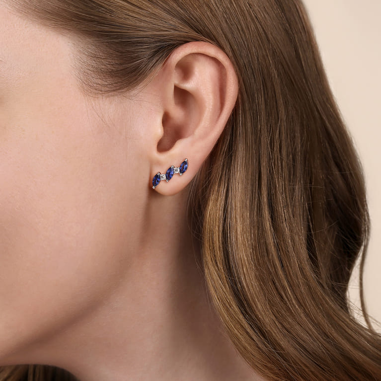 14K White Gold Diamonds and Marquise Blue Sapphire Ear Climber Stud Earrings - 0.14 ct - Shot 2