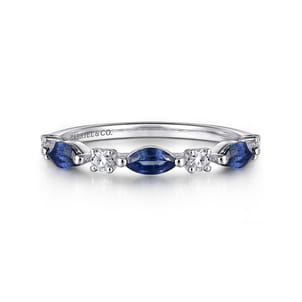 14K White Gold Diamonds and Marquise Blue Sapphire Fashion Ladies Ring