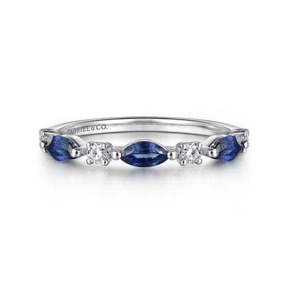 14K White Gold Diamonds and Marquise Blue Sapphire Fashion Ladies Ring