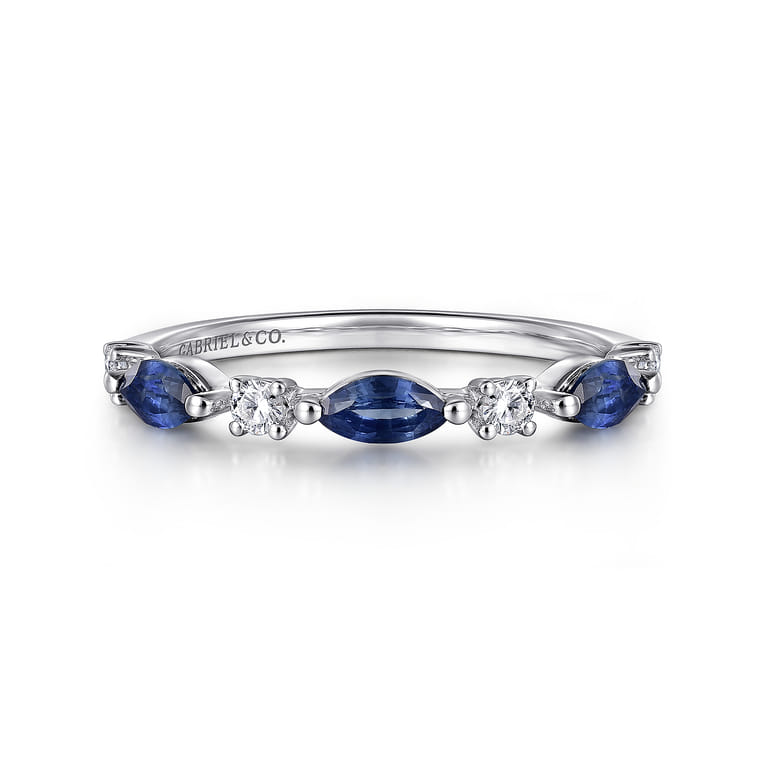 14K White Gold Diamonds and Marquise Blue Sapphire Fashion Ladies Ring - 0.14 ct - Shot 1