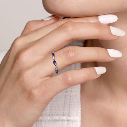 14K White Gold Diamonds and Marquise Blue Sapphire Fashion Ladies Ring