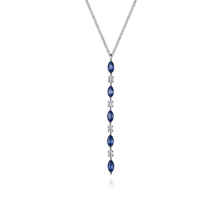 14K White Gold Diamonds and Marquise Blue Sapphire Vertical Bar Necklace - 0.14 ct - Shot 1