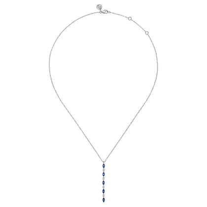14K White Gold Diamonds and Marquise Blue Sapphire Vertical Bar Necklace