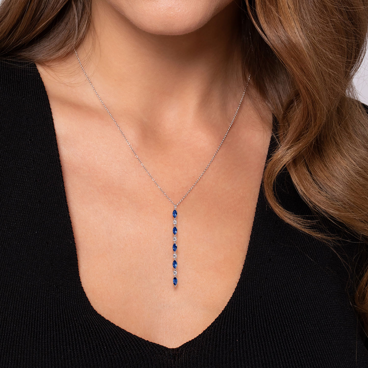 14K White Gold Diamonds and Marquise Blue Sapphire Vertical Bar Necklace