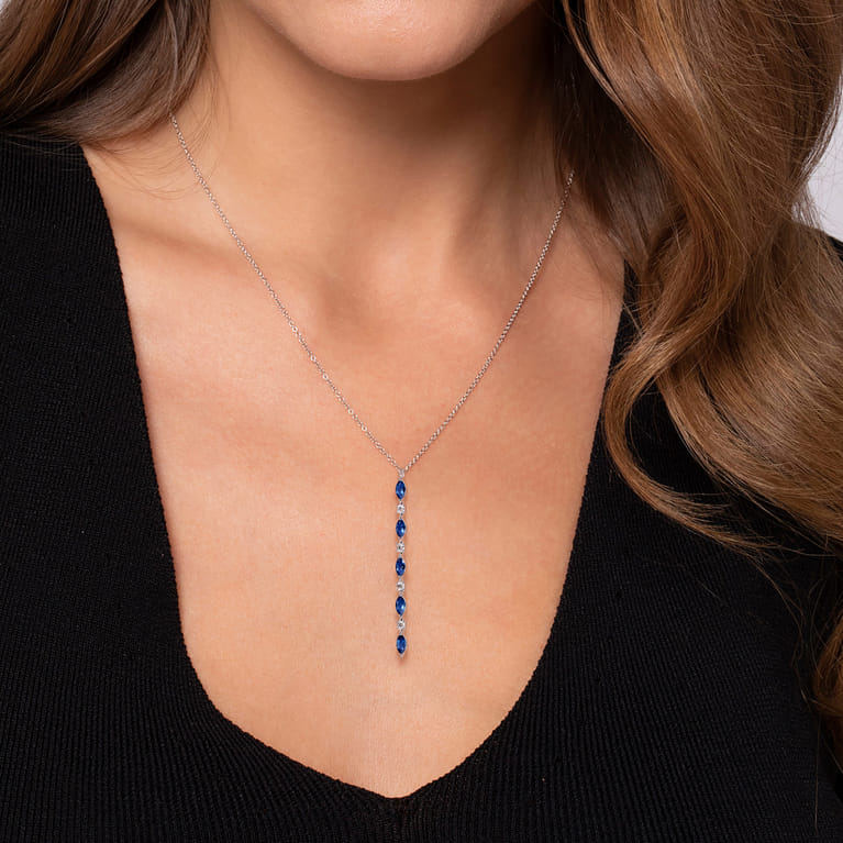 14K White Gold Diamonds and Marquise Blue Sapphire Vertical Bar Necklace - 0.14 ct - Shot 3