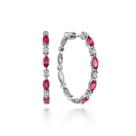 14K White Gold Diamonds and Marquise Ruby Classic Hoop Earrings